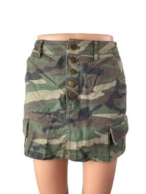 Forever 21 Women's Green Camo Army Military Button Fly Denim Jean Skirt Size S